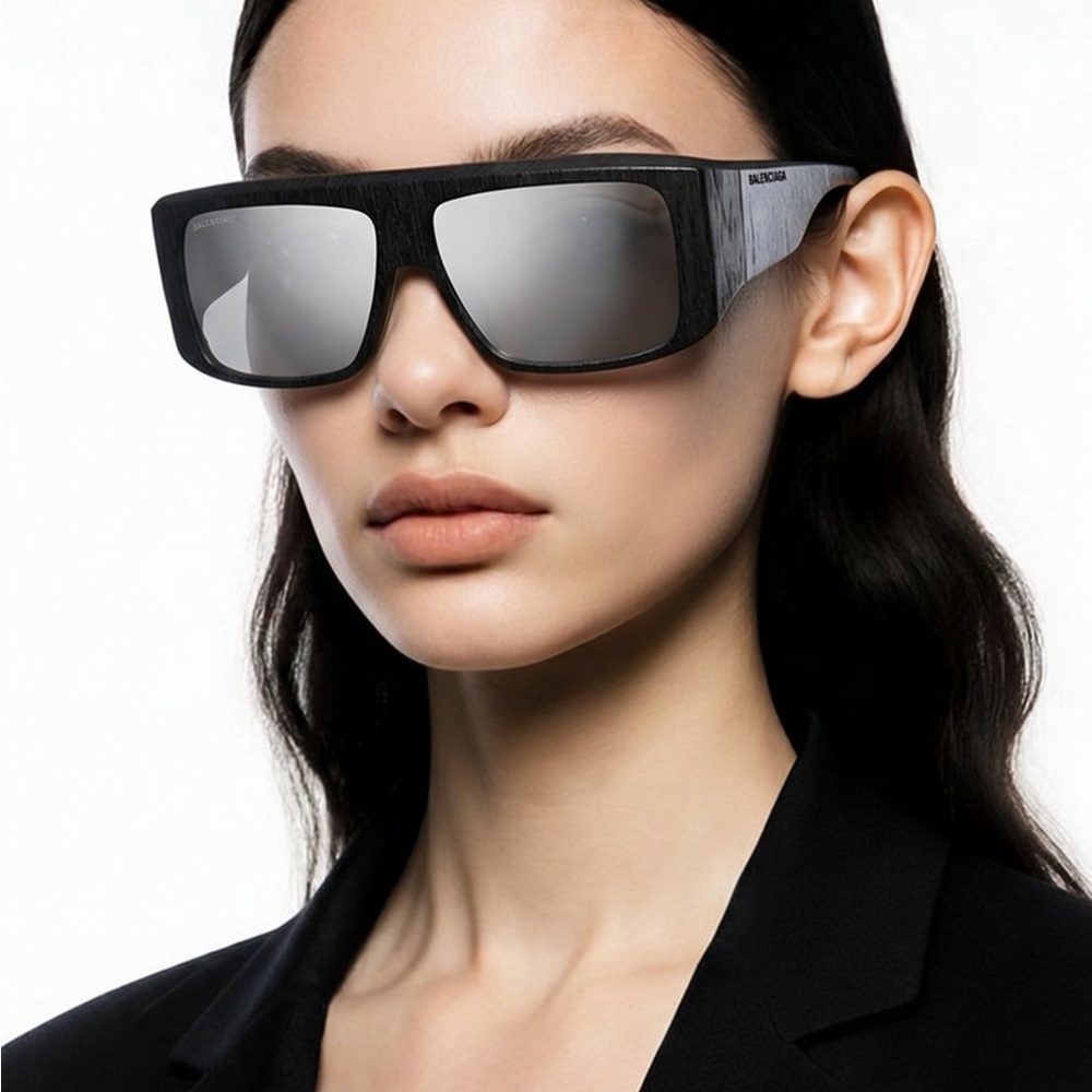 Original Balenciaga Black BB0002S Shield Sunglasses